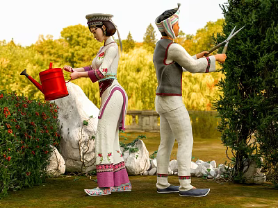 Two People In Traditional Costumes Watering And Trimming Plants In Garden 3d model