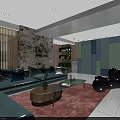 Contemporary Living Dining Area Interior With Green Sofa Glass Coffee Table Red Rug Colorful Walls