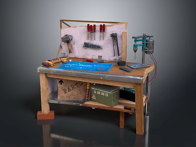 Functional Workbench with Hanging Tools Blueprints Drill Press and Storage Boxes 3d model
