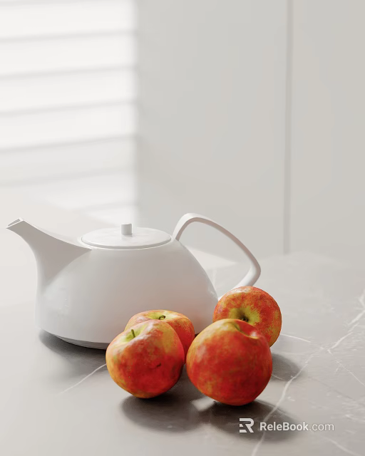 Elegant Decorative Ornament Set With White Teapot And Red Apples On Gray Countertop 3d model 