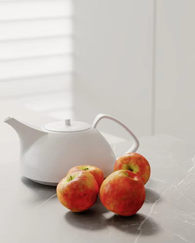 Elegant Decorative Ornament Set With White Teapot And Red Apples On Gray Countertop 3d model