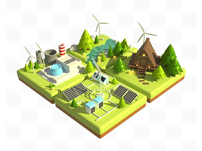 Cartoon Scene With Wind Turbines Solar Panels Log Cabin Trees And River 3d model