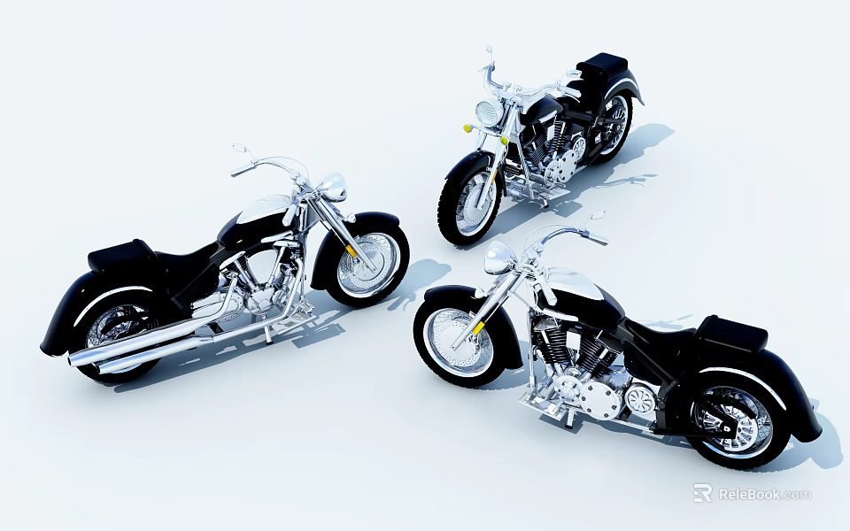 Three Classic Motorcycles With Chrome Accents Black Seats And White Frames 3d model 