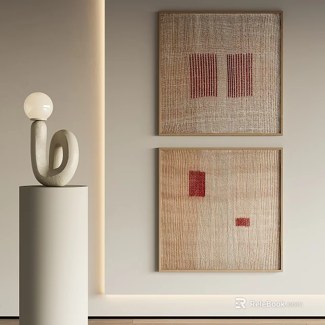 Abstract Paintings With Woven Texture Background And Red Geometric Elements Wall Mounted In Modern Space 3d model