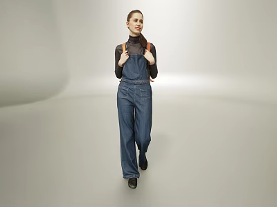 Woman in Denim Overalls and Black Turtleneck Walking in Gray Studio Space 3d model