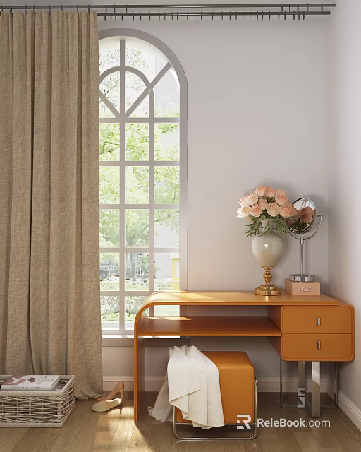 Wooden Dressing Table With Pink Flowers Vase And Mirror By Window With Green Trees 3d model 