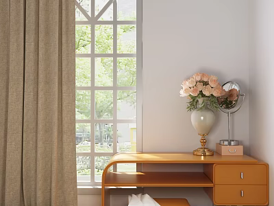 Wooden Dressing Table With Pink Flowers Vase And Mirror By Window With Green Trees 3d model