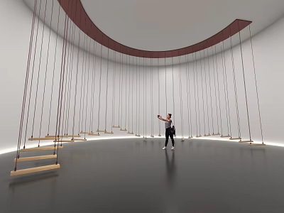 Art Installation With Suspended Ropes And Wooden Steps In Curved Indoor Space 3d model