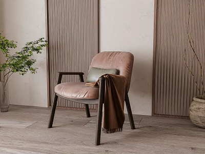 Pink Leather Accent Chair With Green Cushion Brown Throw By Wooden Wall And Plants 3d model