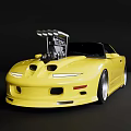 Yellow Modified Sports Car With Open Hood Exposed Engine And Lowered Stance