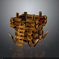 Detailed Wooden Log Fortress Structure With Ladder Red Cloth And Decorative Spikes