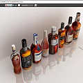 Assorted Whiskey Bottles and Elegant Glasses Arranged in a Row on White Surface