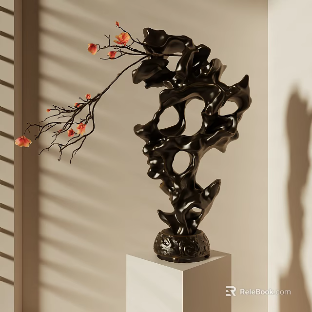Black Sculptural Ornament With Red Blossom Branch On White Pedestal Modern Decor Set 3d model 