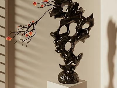 Black Sculptural Ornament With Red Blossom Branch On White Pedestal Modern Decor Set 3d model