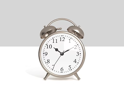 Silver Double Bell Alarm Clock With White Dial And Black Numbers On White Background 3d model