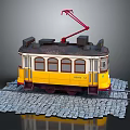 Vintage Yellow Tram With Red Trolley Pole On Stone Paved Rail Tracks