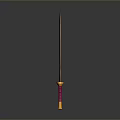 Golden Scimitar Weapon with Curved Blade Red Yellow Handle and Decorative Design