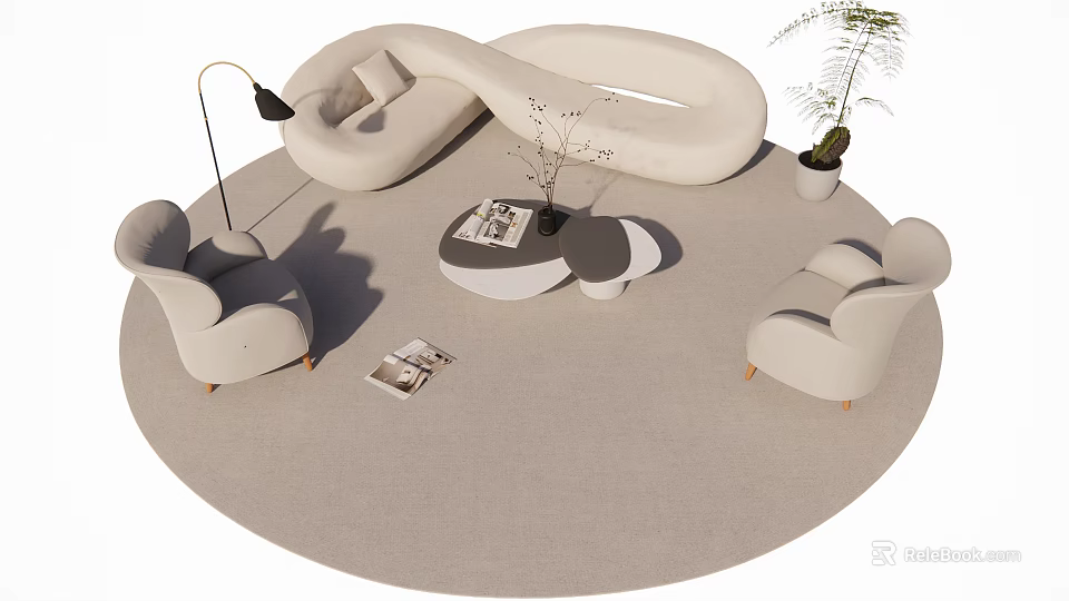 Modern Light Beige Curved Sofa Set With Armchairs Coffee Tables And Floor Lamp 3d model 