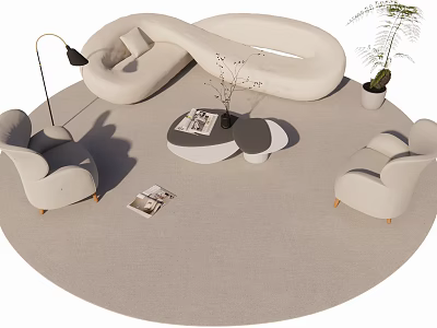 Modern Light Beige Curved Sofa Set With Armchairs Coffee Tables And Floor Lamp 3d model