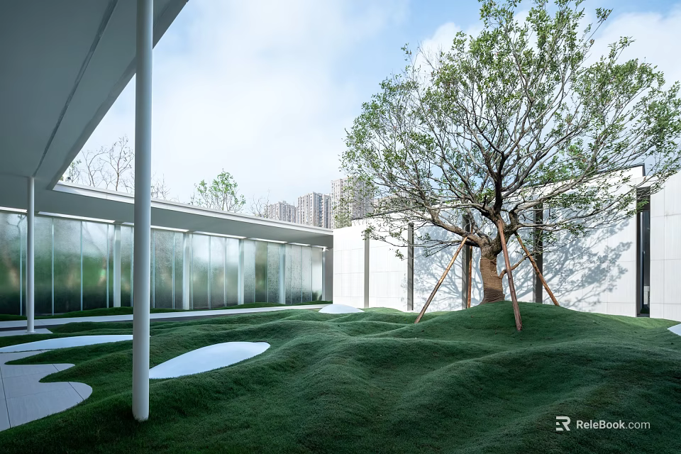 Contemporary Garden Landscape Featuring Lush Green Turf White Circular Pavers And Large Tree 3d model 