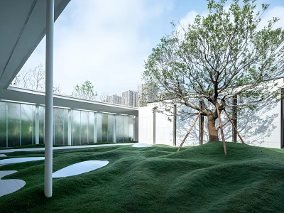 Contemporary Garden Landscape Featuring Lush Green Turf White Circular Pavers And Large Tree 3d model