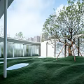 Contemporary Garden Landscape Featuring Lush Green Turf White Circular Pavers And Large Tree
