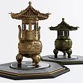 Traditional Chinese Pagoda Style Bronze Carved Ornamental Decorative Set With Hexagonal Black Base
