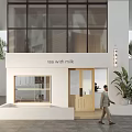 Modern Milk Tea Shop Exterior With Glass Windows Wooden Door And Plants