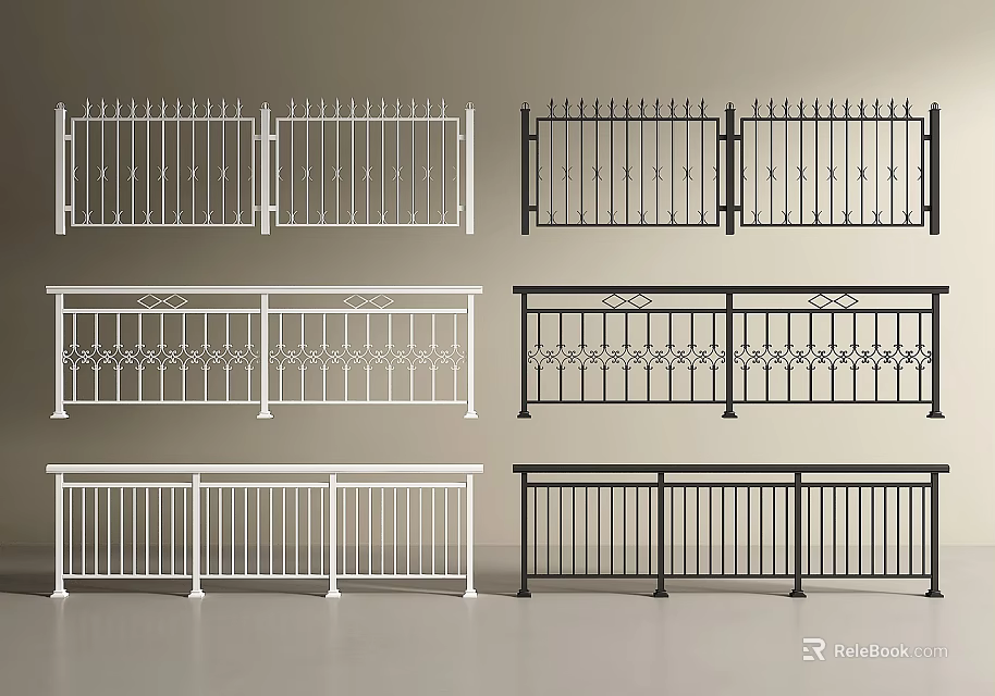 Metal Railings With Various Designs In White And Black Including Gates 3d model 