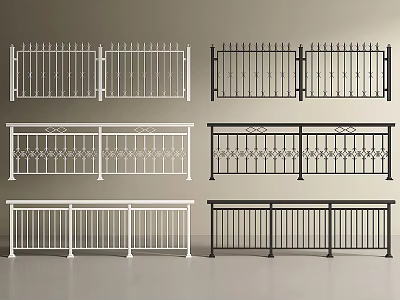 Metal Railings With Various Designs In White And Black Including Gates 3d model