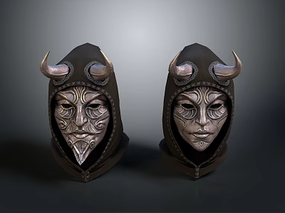 Two Horned Leather Masks With Intricate Metal Carvings And Hooded Design 3d model