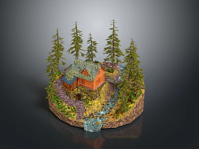 Modern Rustic Log Cabin Scene With Tall Pine Trees Small Stream And Path 3d model