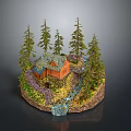 Modern Rustic Log Cabin Scene With Tall Pine Trees Small Stream And Path 3d model