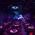 Modern Bar With Purple Lighting Round Tables Orange Cushioned Chairs Circular Lights And Geometric Decor