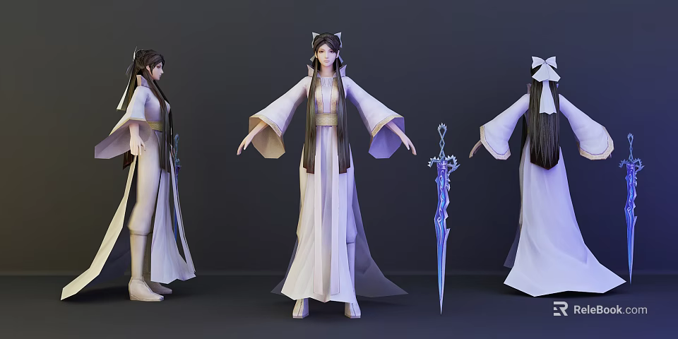 Game Anime Character In White Robe With Long Hair And Blue Sword 3d model 