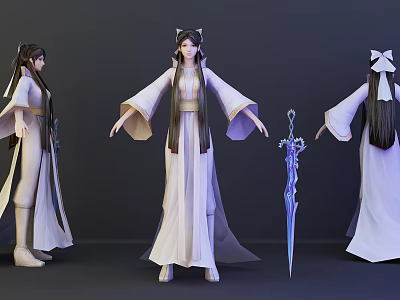 Game Anime Character In White Robe With Long Hair And Blue Sword 3d model