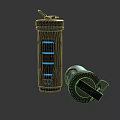 Two Daily Electrical Appliances Featuring Black Cylindrical Design With Blue Stripes And Metal Lids