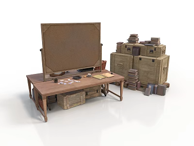 Wooden Desk With Drawing Board Stationery Papers And Stacked Books Nearby 3d model