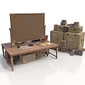 Wooden Desk With Drawing Board Stationery Papers And Stacked Books Nearby