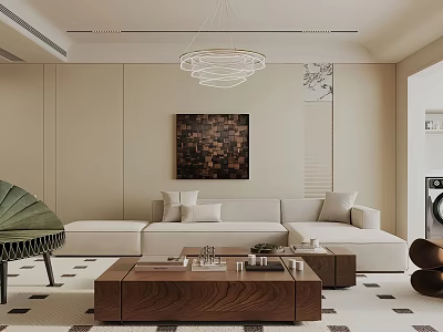 Modern Living Room Interior With Beige Sofa Wooden Coffee Table Circular Chandelier And Decorative Painting 3d model
