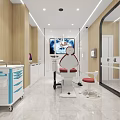 Modern Dental Clinic Interior With Dental Chair Computer White Cabinets Blue Wall And Red Seats