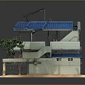 Multi Story House Model With Blue Roof Solar Panel Green Tree Balconies And White Walls