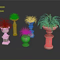 Ornamental Green Plants In Decorative Stone Pots With Carved Bases For Indoor
