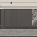 Modern Living Room Interior With Vertical Striped Walls Decorative Painting Open Shelving And Recessed Lighting