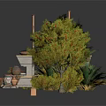 Outdoor Garden Decorative Scene With Wooden Deck White Shelves Green Plants And Clay Pots