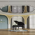 Elegant Kindergarten Interior With Arched Windows Piano Wooden Floor And Ceiling Design