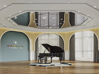 Elegant Kindergarten Interior With Arched Windows Piano Wooden Floor And Ceiling Design 3d model