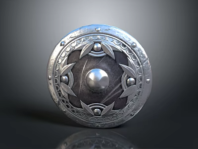Medieval Silver Shield With Ornate Leaf Motifs Central Dome And Decorative Design 3d model
