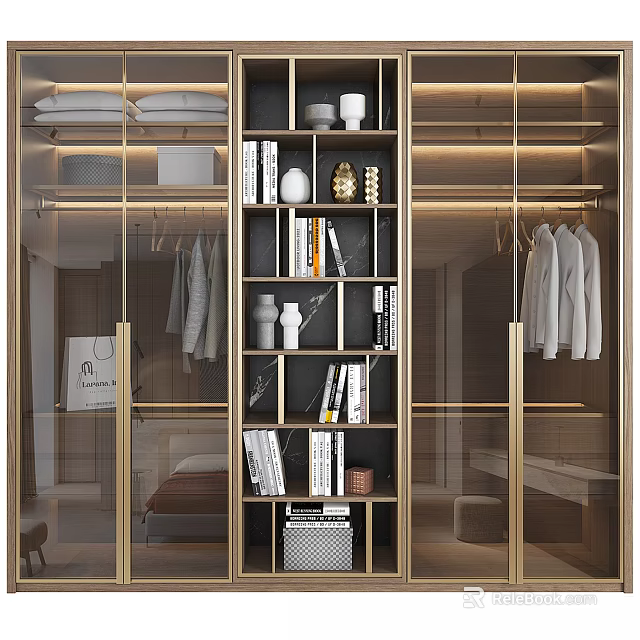 Modern Wardrobe Design With Glass Doors Golden Frames Clothing Racks And Decorative Items 3d model 
