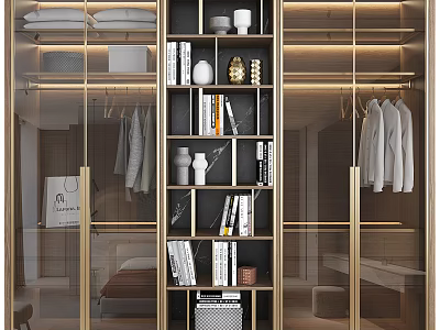 Modern Wardrobe Design With Glass Doors Golden Frames Clothing Racks And Decorative Items 3d model